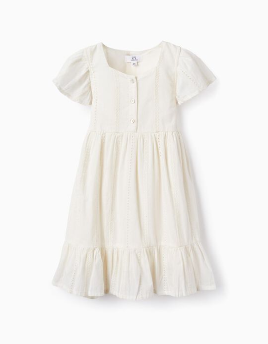 Cotton Dress with Embroidery for Girls, White