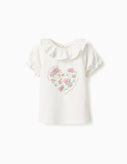 Comprar Online T-shirt com Flores e Folhos para Bebé Menina, Branco