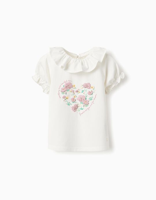 Comprar Online Camiseta con Flores y Volantes para Bebé Niña, Blanco