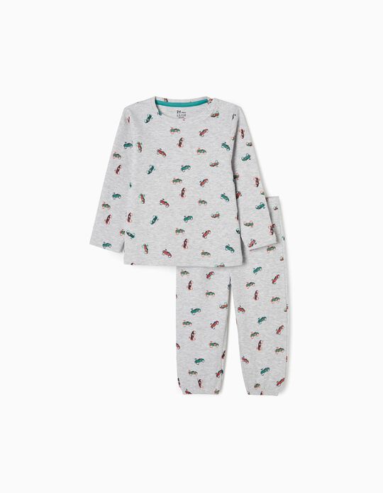 Ribbed Cotton Pyjamas with Car Motif for Baby Boys, Grey