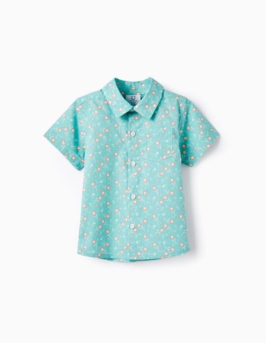 Floral Cotton Shirt for Baby Boys, Aqua Green