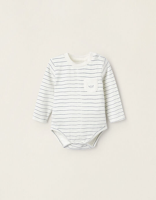 Long Sleeve Cotton Bodysuit for Newborn Boys, White/Blue