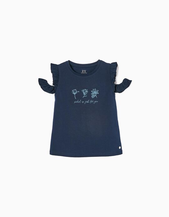 Cotton T-shirt with Open Shoulders for Girls, Dark Blue