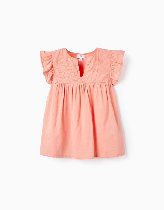 Cotton Tunic with Embroidery and Ruffles for Girls, Coral