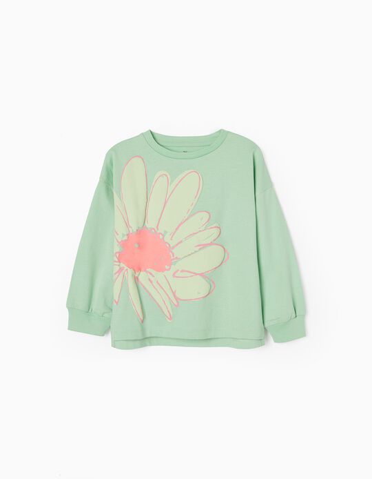 Long Sleeve Cotton T-shirt for Girls 'Flower', Green