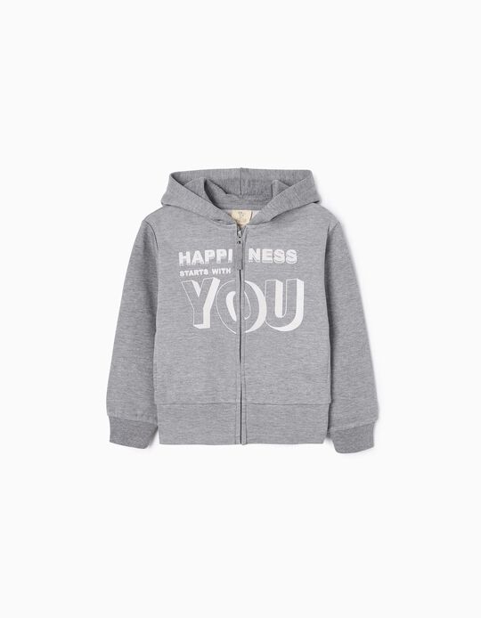 Hooded Brushed Jacket in Cotton for Girls 'Happiness', Grey