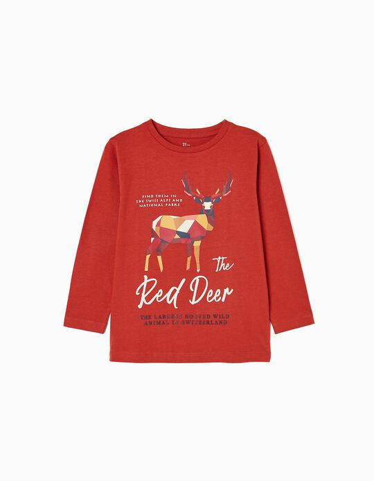 T-shirt de Manga Comprida em Algodão para Menino 'Red Deer', Vermelho 