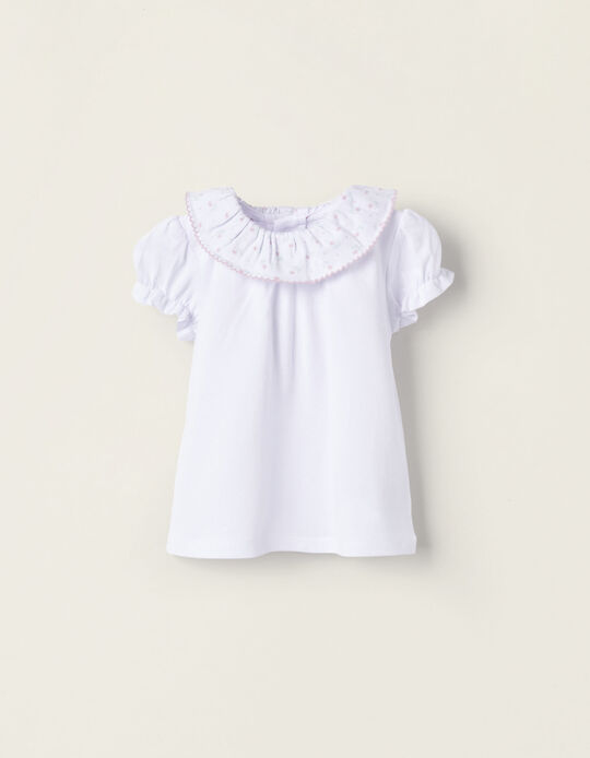 T-Shirt em Algodão para Recém-Nascida, Branco/Rosa