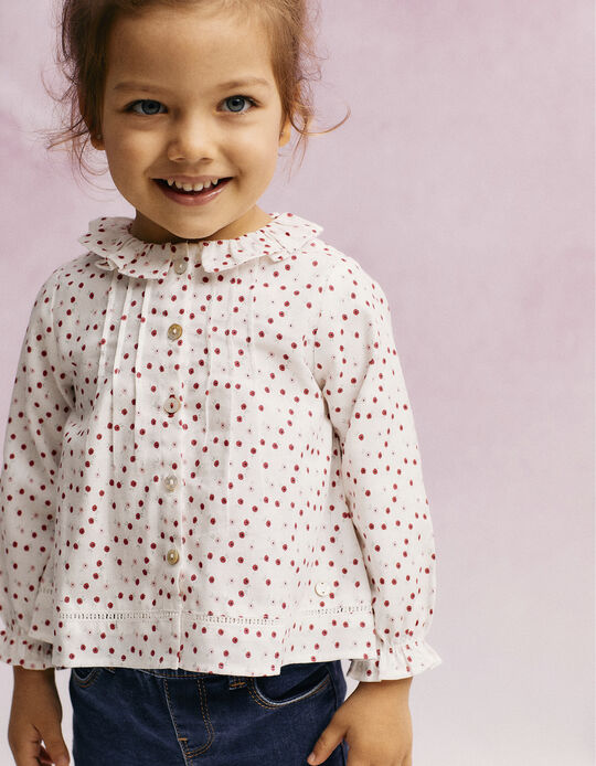 Camisa em Sarja de Algodão para Bebé Menina 'Floral', Branco/Rosa