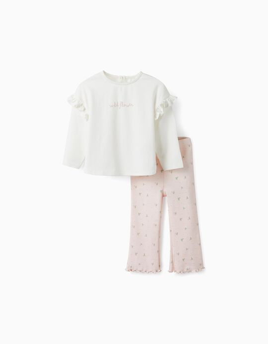 Comprar Online T-Shirt + Calças Caneladas para Bebé Menina 'Wild Flower', Branco/Rosa