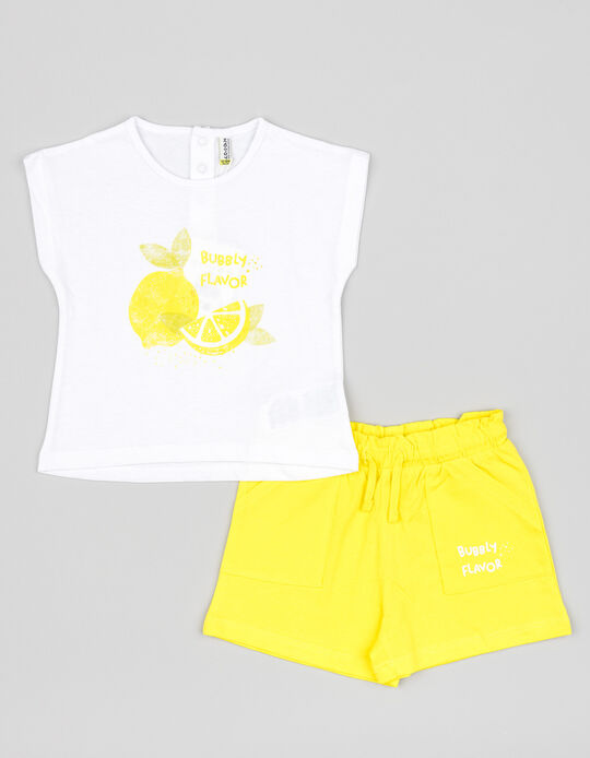 Comprar Online T-shirt + Calções de Algodão para Bebé Menina 'Limão', Branco/Amarelo