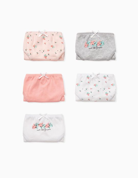 5 Briefs for Girls, 'Flowers', Pink/White/Grey