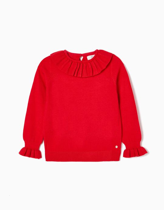 Cotton Knit Jumper with Ruffles for Girls, Red