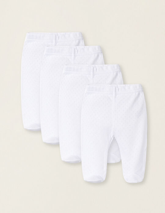 Pack of 4 Cotton Trousers with Feet for Newborns and Babies, White