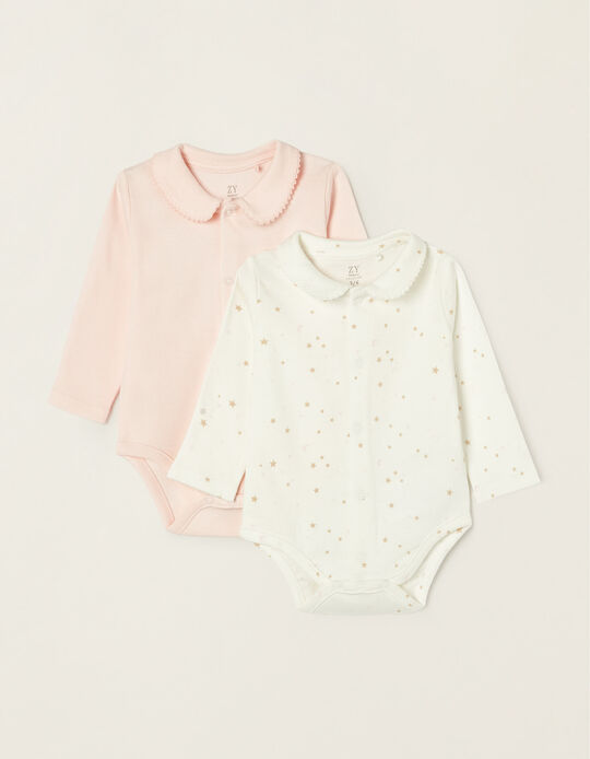 2-Pack Long-Sleeve Cotton Bodysuits for Newborn Babies, White/Pink