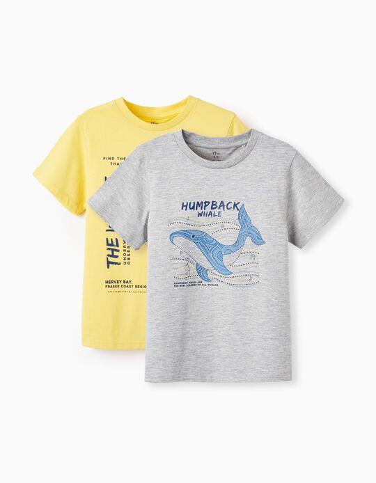 2 Cotton T-shirts for Boys 'Blue Whale', Grey/Yellow
