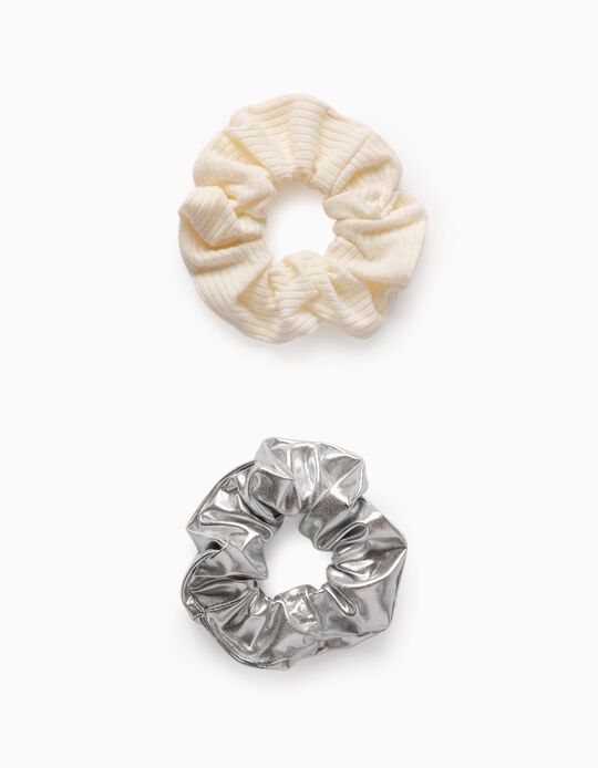 2 Scrunchies for Girls, White/Silver