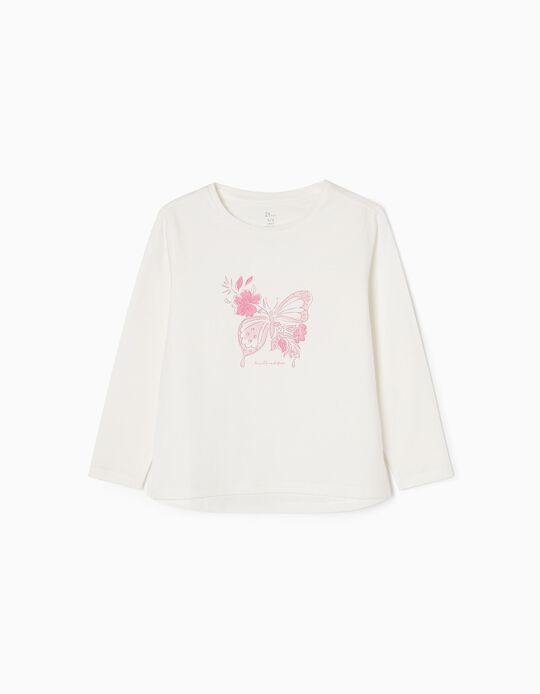T-shirt à Manches Longues en Coton Fille 'Papillon', Blanc/Rose
