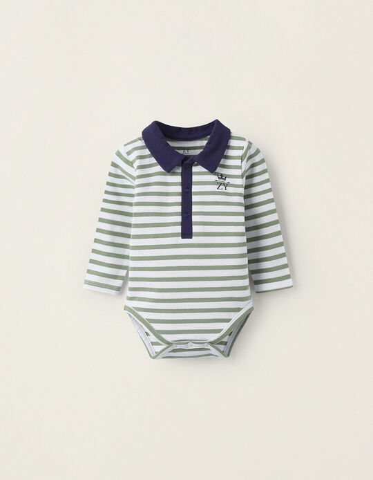 Striped Cotton Bodysuit for Newborns, Green/White/Dark Blue