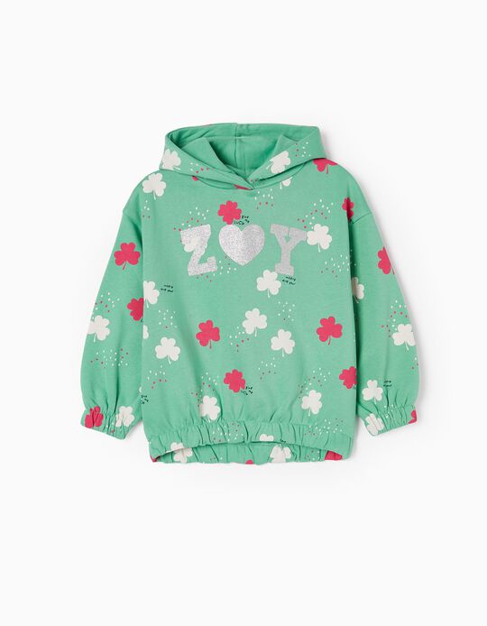 Brushed Cotton Sweatshirt with Hood for Girls 'Clover', Aqua Green