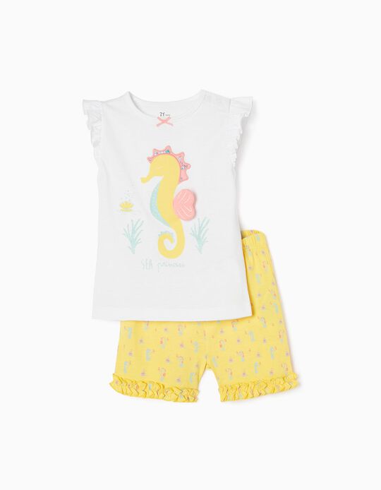 Pijama de Algodón para Bebé Niña 'Caballito de Mar', Blanco/Amarillo