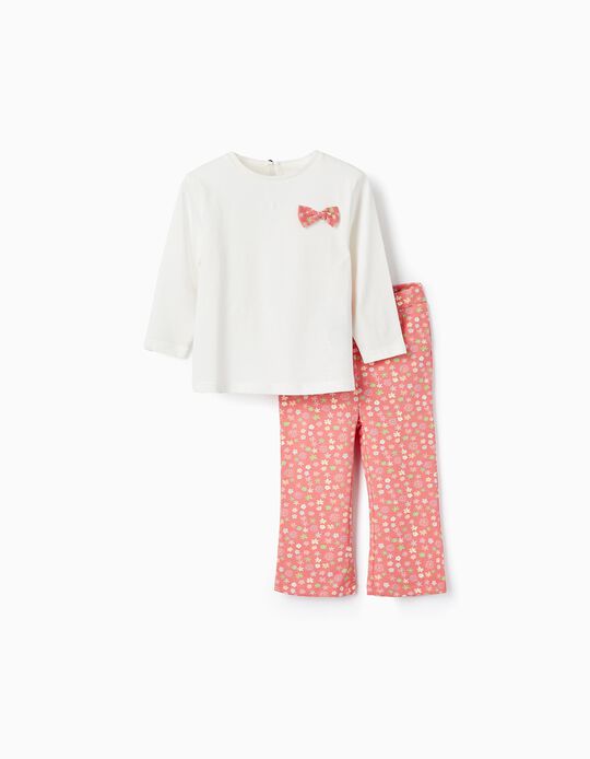 T-Shirt + Leggings para Bebé Menina, Branco/Coral
