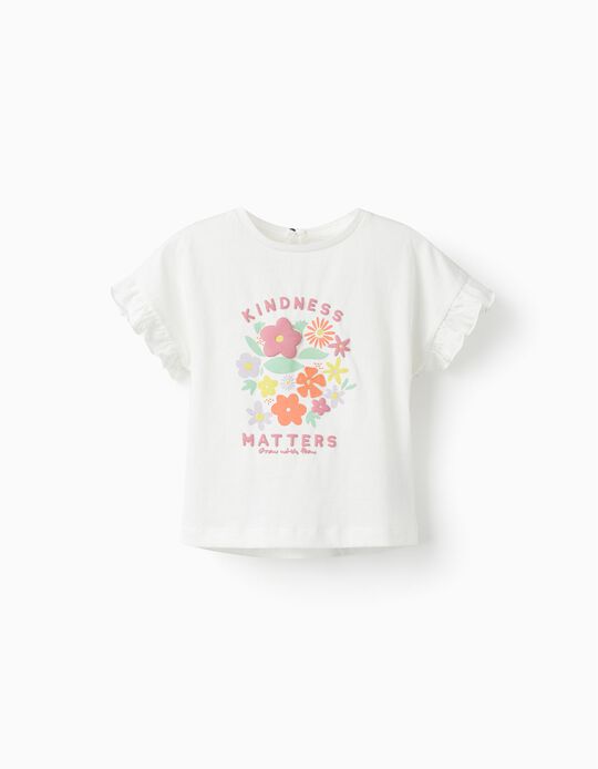 T-Shirt de Manga Curta para Bebé Menina 'Kindness Matters', Branco