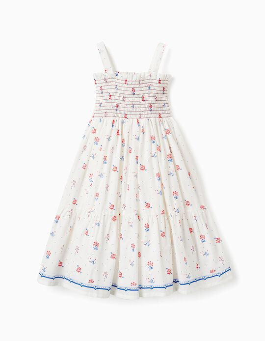 Floral Cotton Strappy Dress for Girls, White