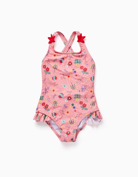 UPF80 Swimsuit with Flower Motif for Girls, Pink