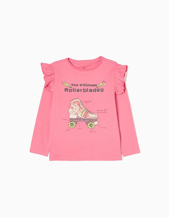 Camiseta de Manga Larga de Algodón para Niña 'Patines', Rosa