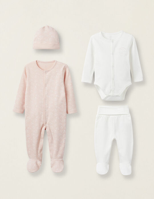 4-Piece Cotton Set for Newborn Girls 'Rabbit & Elephant', White/Pink