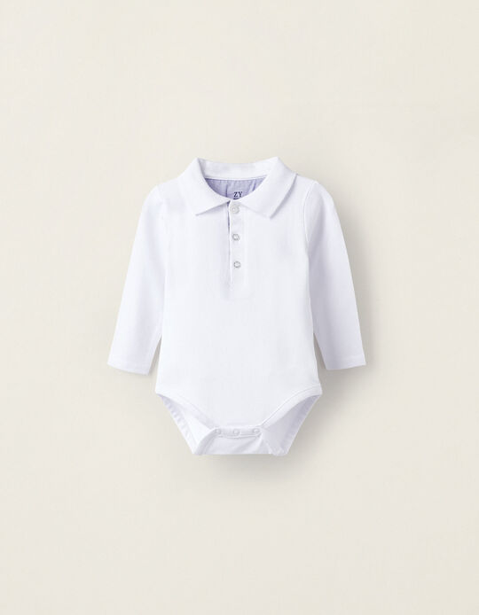 Cotton Polo Bodysuit for Newborn, White