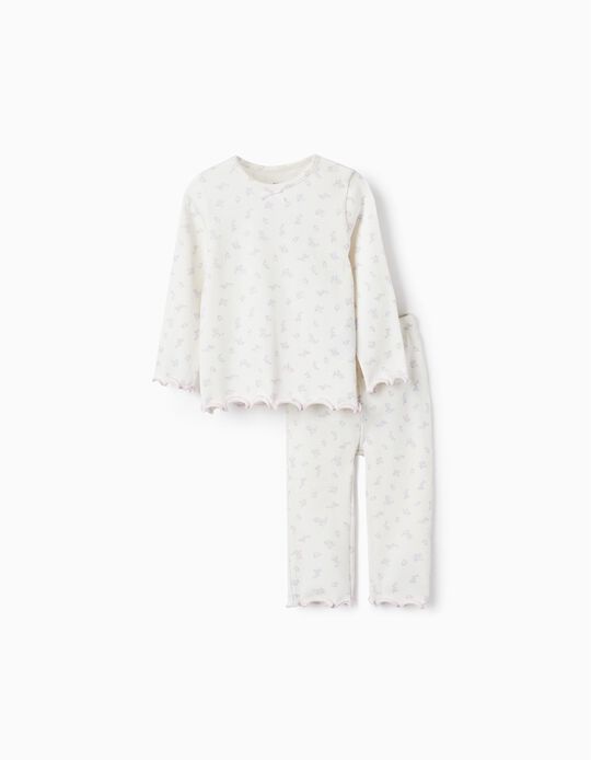 Ribbed Floral Pyjama for Baby Girls, White/Pink/Lilac