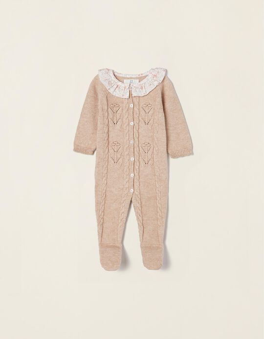 Knit Overall with Frill Collar for Newborn Baby Girls, Beige