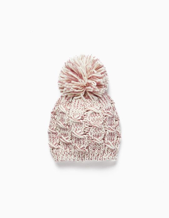 Knitted Beanie with Pom Pom for Girls, Pink
