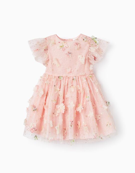 Tulle Dress with Flowers for Baby Girls, Pink