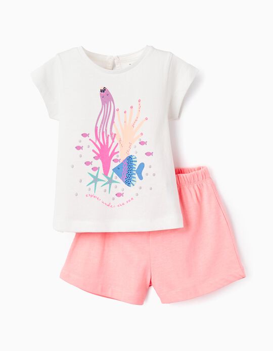 Comprar Online T-shirt + Calções para Bebé Menina 'Explorer', Branco/Coral