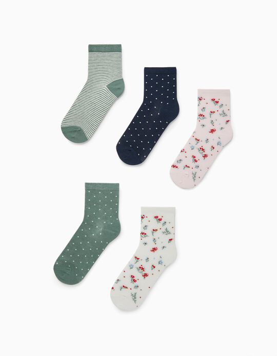 Pack 5 Pairs of Socks for Girls 'Flowers, Dots & Stripes', Multicoloured
