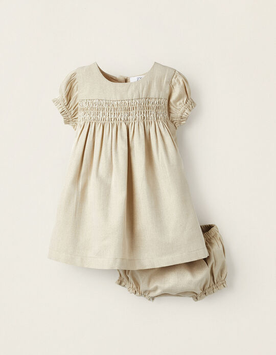 Dress + Diaper Cover with Lurex Thread for Newborn Girls, Golden