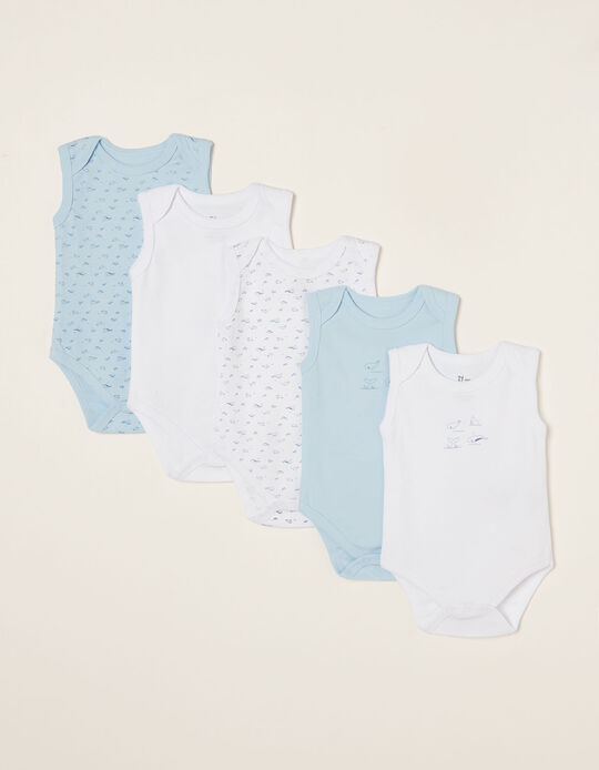 5 Sleeveless Bodysuits for Baby Boys 'Fish', White/Blue