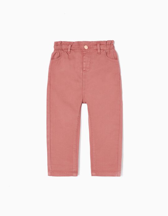 Paperbag Trousers in Cotton Twill for Baby Girls, Pink