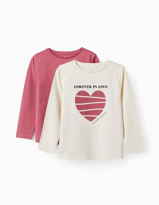 Pack 2 T-shirts de Algodão para Menina 'Forever in Love', Creme/Rosa