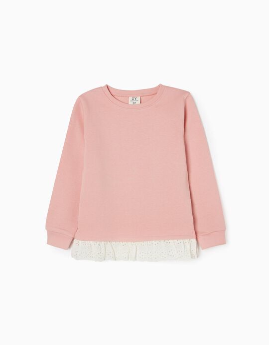  Cotton Sweatshirt with Broderie Anglaise, Pink/White