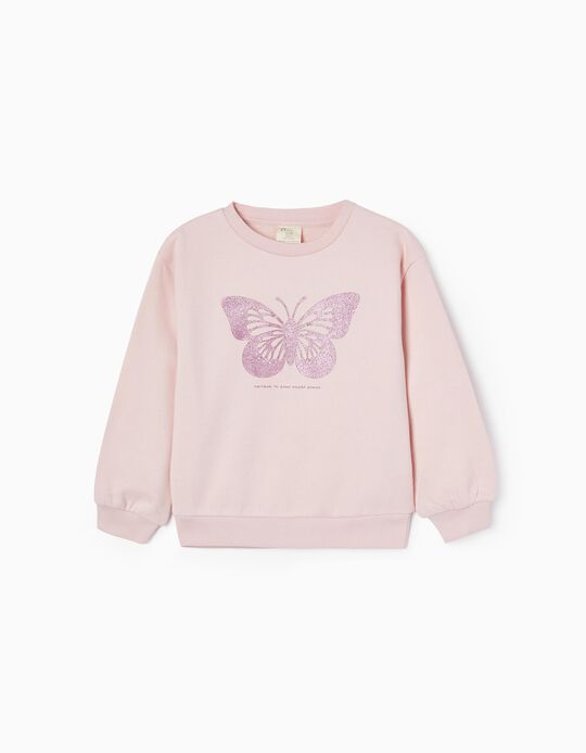 Brushed Sweatshirt in Cotton for Girls 'Butterfly', Pink