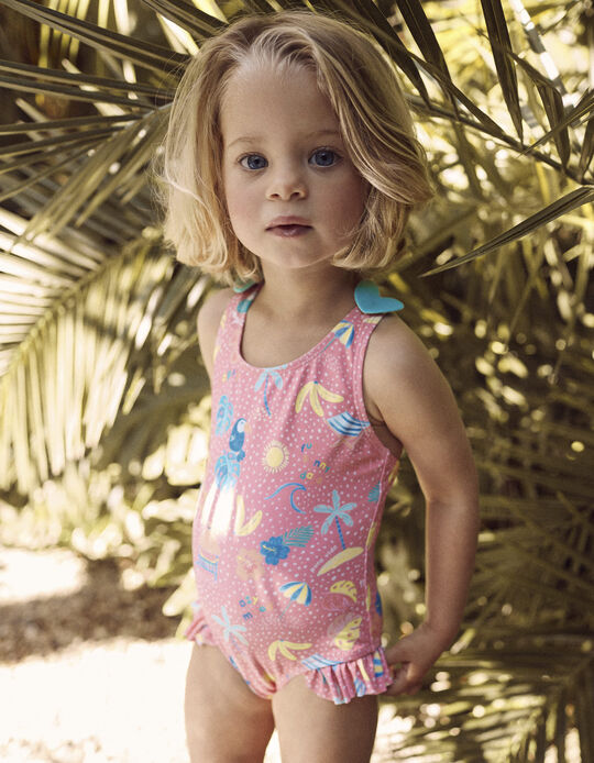 Swimsuit with UV 80 Protection for Baby Girls 'Tropical', Coral