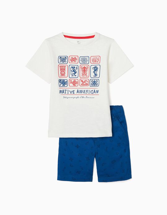 T-Shirt + Shorts for Boys 'Native American', White/Blue