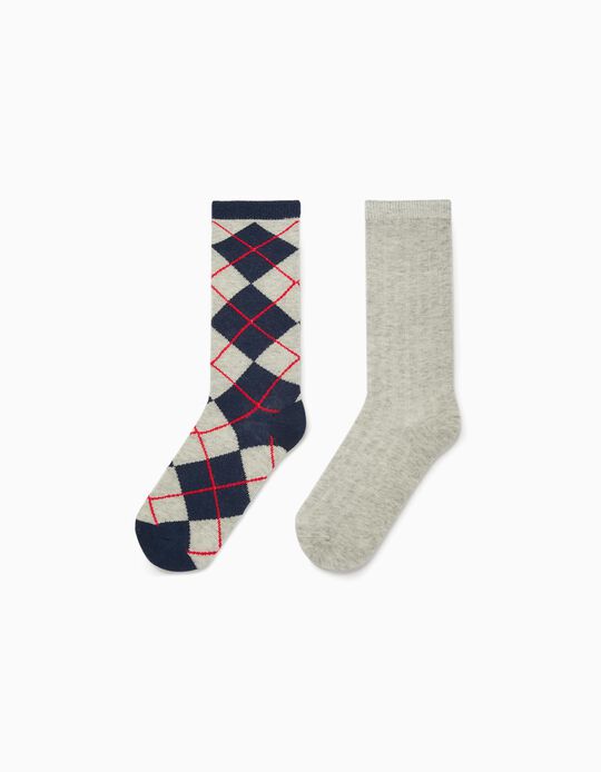 2-Pair Knee-High Socks in Cotton for Boys, Grey/Dark Blue
