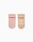 Pack of 2 Pairs of Thick Socks for Baby Girls 'I Love Mum', Beige/Pink