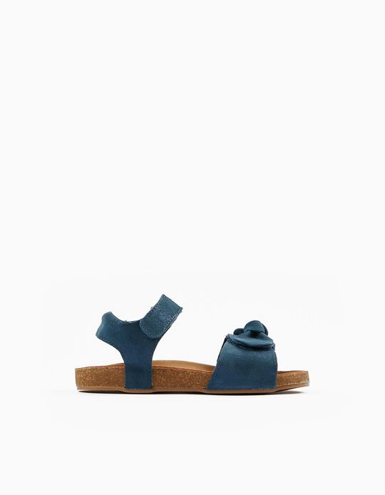 Sandálias de Pele com Laço para Menina, Azul Escuro