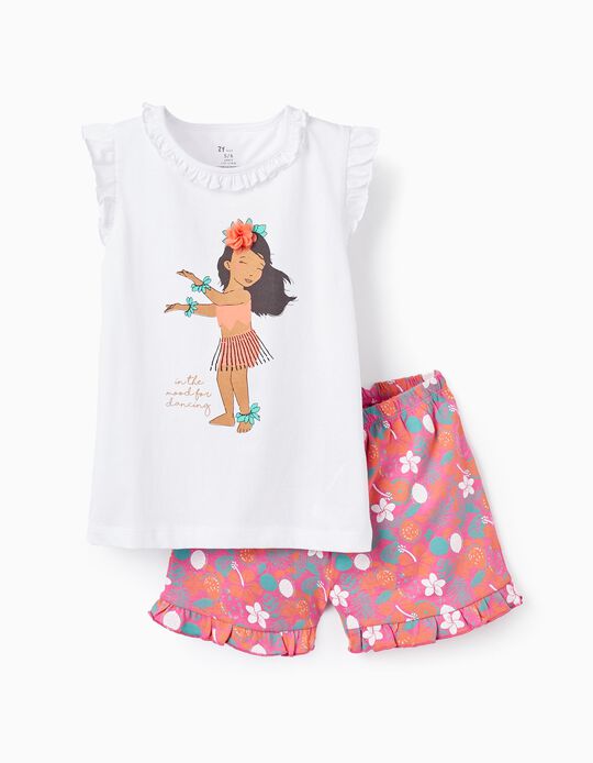 Pijama de Algodão com Folhos para Menina 'Hawaiian', Multicolor